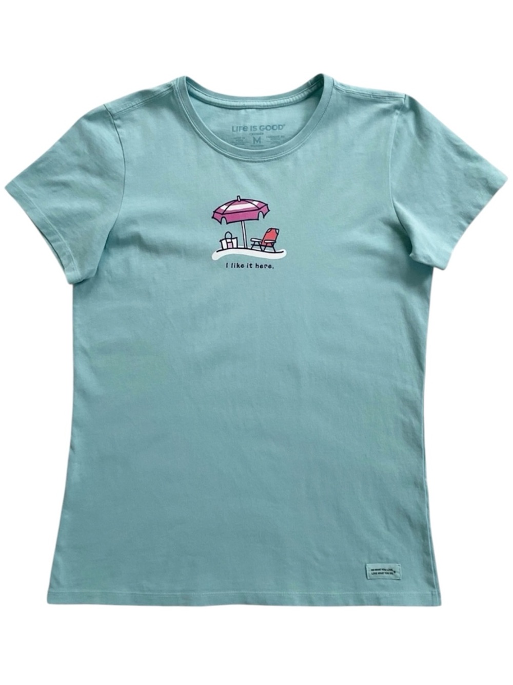 Life Is Good Crusher Tee Beach Umbrella “I Like It Here” Seafoam Blue M